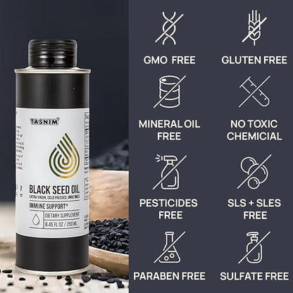100% Ethiopian BlackSeed Oil 8.45 Oz - Cold Pressed Black Seed Oil for Immune Support, High Potency 5.7% - 21% Thymoquinone Skin, Hair & Overll Health - Unrefined Black Cumin Seed Oil - Gluten Free