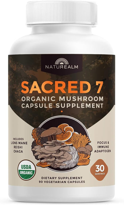Naturealm Sacred 7 Organic Mushroom Extract Capsules - Premium 7 Mushroom Complex with Lions Mane, Reishi, Chaga - USDA Organic Immune Support & Focus - 90 Vegetarian Capsules
