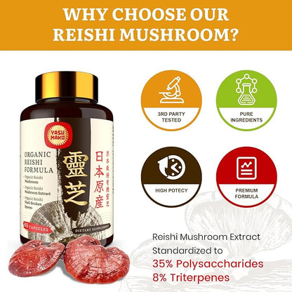 Japanese Reishi Mushroom Supplement 800mg with Reishi Mushroom Extract 500mg & Shell-Broken Spores 200mg,Organic Mushroom Capsules for Immune System - Real Fruiting Body (Pack of 1)