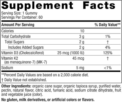 Nordic Naturals Vitamin D3 + K2 Gummies, Pomegranate - 60 Gummies - 1000 IU Vitamin D3 + 45 mcg K2 - Great Taste - Bone Health, Promotes Healthy Muscle Function - Non-GMO - 60 Servings