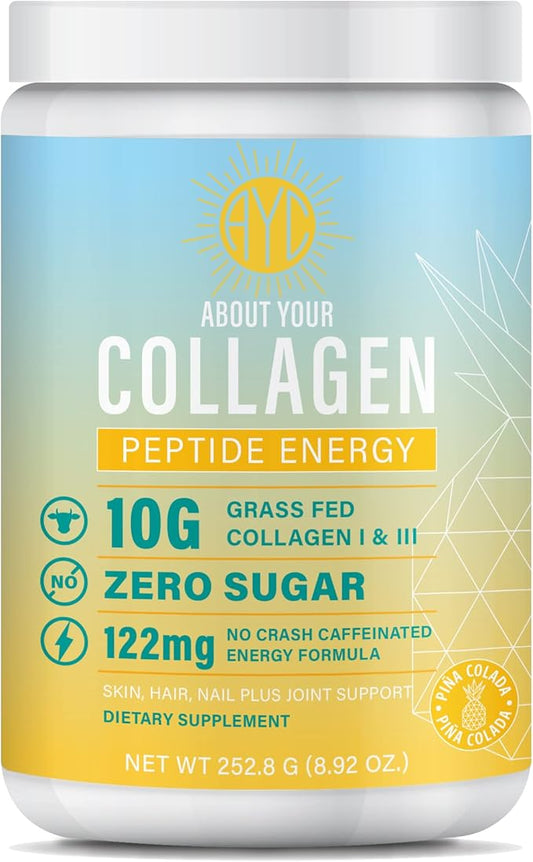 Peptide Energy Collagen Powder Hair, Nail, Skin, Type I & III,Caffeine for Energy, Vitamin C, Biotin, Hyaluronic Acid, Zero Sugar – 8.92 oz (Pina Colada)