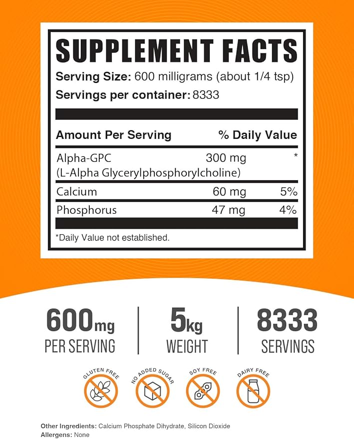 BulkSupplements.com Alpha GPC Powder - Choline Supplements, Alpha GPC 300mg - Acetylcholine Supplements, Unflavored & Gluten Free, 600mg per Serving, 5kg (11 lbs) (Pack of 5)