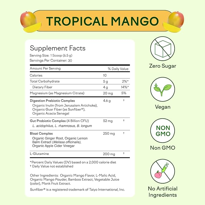 Feel Goods Gut Guardian, Organic Fiber, Probiotic & Prebiotic Powder, Sugar Free, Herbs for Bloat, Gut Health Support, Digestive Health for Men & Women, Non GMO, Vegan, Tropical Mango, 30CT