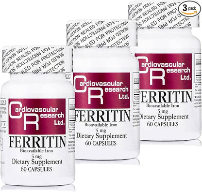 Cardiovascular Research Ferritin Iron Supplement for Women and Men 5 mg 180 Capsules - 3 Bottle Bundle