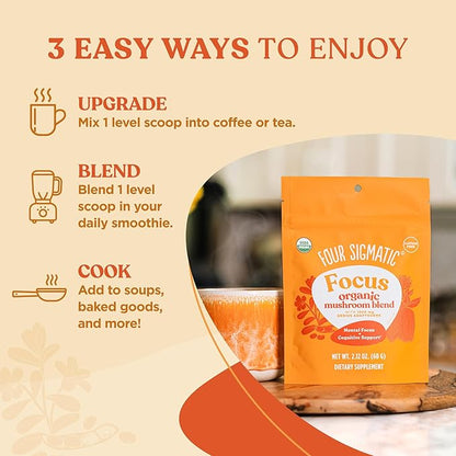 Four Sigmatic Focus Blend | Organic Lion's Mane Powder with Adaptogen and Mushroom Blend | Includes Cordyceps, Rhodiola, Bacopa & Mucuna | 30 Servings