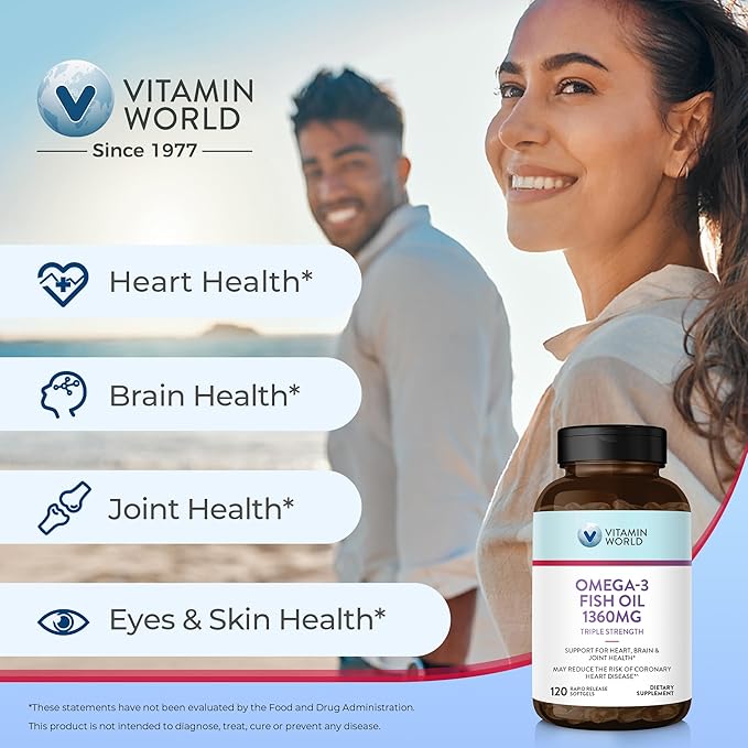 Vitamin World Triple Strength Omega 3 Fish Oil 1360 mg Supplement, 950 mg Active Omega-3 Fatty Acids with EPA & DHA, Supports Heart, Brain & Joint Health, Gluten Free, 120 Softgels, 4 Months Supply