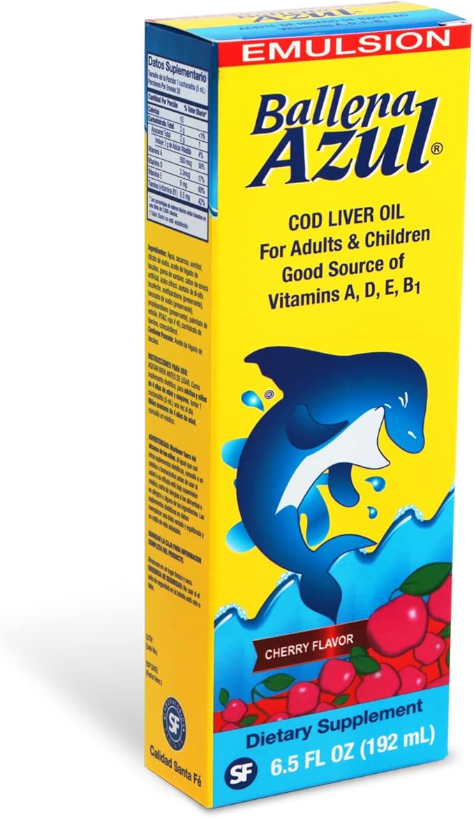 Ballena Azul Aceite de Hígado de Bacalao para Adultos y Niños, COD Liver Oil for Adults and Children, Good Source of Vitamins A,D,E, B1, Dietary Supplement, Omega 3