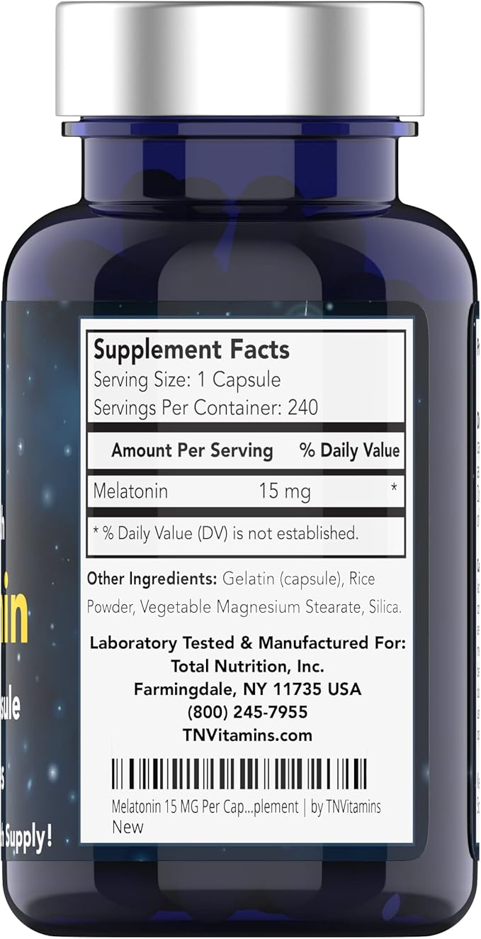 Melatonin 15 MG Per Capsule (240 Capsules) | All-Natural Sleeping Pills for Adults | Extra Strength Melatonin | Nighttime Sleep Aid | Natural Sleep Support Supplement