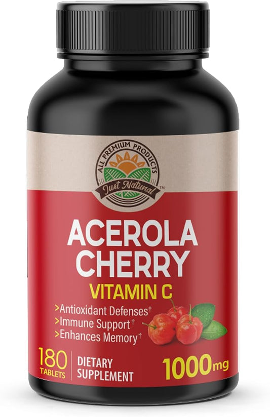 Acerola Cherry Vitamin C 1000mg, Immune Support - 180 Tablets X 1 Bottle (180 Count)