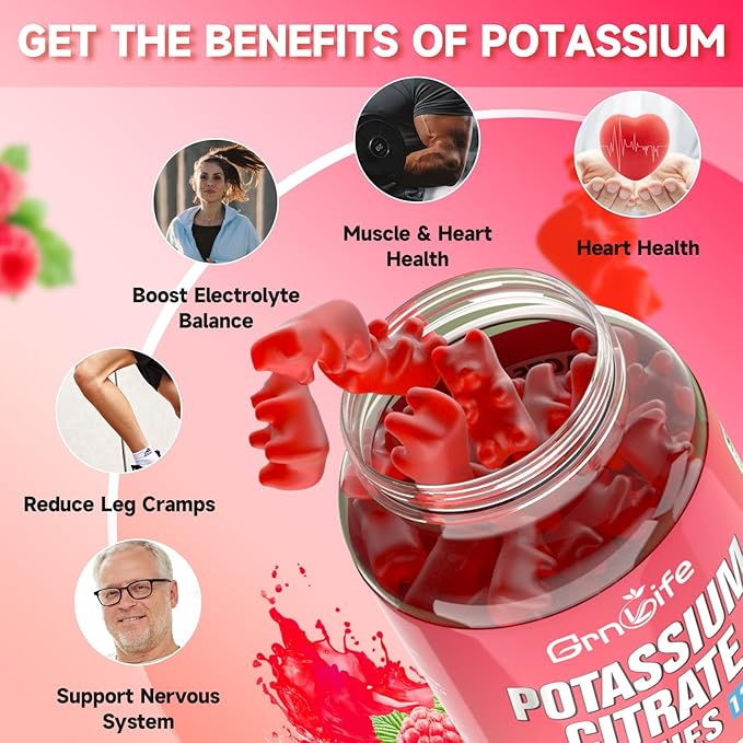 2 Pack Potassium Citrate Gummies, High Potassium Supplement Gummies 1200mg Support Leg Cramps & Muscle Health, Potassium Gummies for Adults & Kids, Vegan, Raspberry Flavor 120 Count