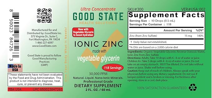 Good State Liquid Ionic Zinc Concentrate Made with Vegetable Glycerin | 15 mg per Serving | 118 Servings | Immune Support | Vegan Friendly
