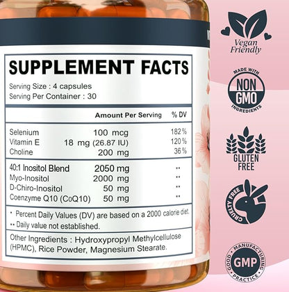 Myo-inositol & D-chiro Inositol Supplement for Women - Ideal 40:1 Ratio Complex for Fertility, Hormonal Balance, Menstrual Cycle & Ovarian Health Support with CoQ10, Choline & Selenium - 120 Capsules