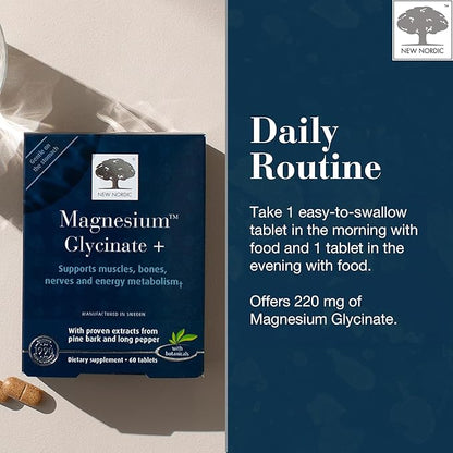 New Nordic Magnesium Glycinate, 220 mg Maximum Absorption Tablets with Pine Bark & Long Pepper, Gentle on Stomach for Women & Men, 30 Servings