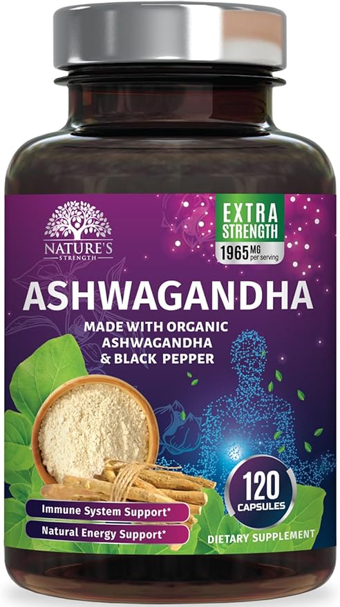 Organic Ashwagandha Extra Strength 1950 mg - Ashwagandha Supplements for Women & Men, Antioxidant Support, Nature's Vegan Ashwagandha Powder Organic, Non-GMO & Gluten Free - 120 Capsules