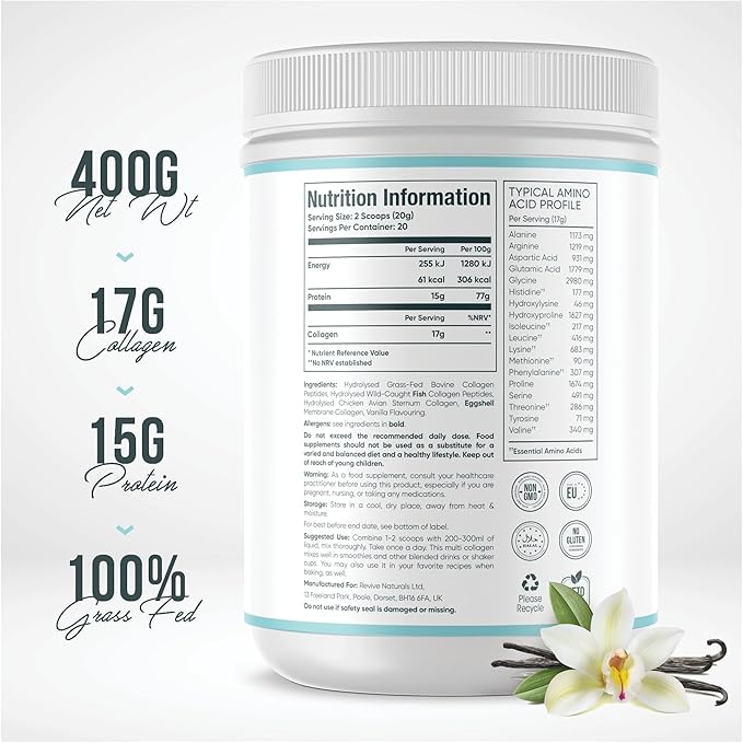 Revive Naturals Vanilla Multi Collagen Protein Powder - 400g - Unsweetened - 5 Types of Collagen Peptides - Hydrolyzed Grass Fed Bovine, Wild Caught Marine & Free-Range Chicken - Keto Approved