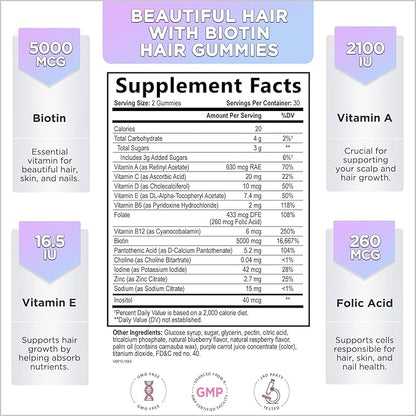 Hair Vitamins Gummies with Biotin 5000 mcg - Vitamin E, C & Zinc Support Hair Growth for Women & Men, Premium Vegetarian & Non-GMO, Stronger, Beautiful Hair, Skin & Nails Supplement - 60 Gummy Bears