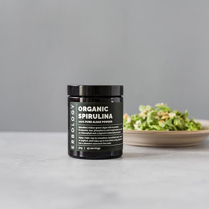 Erbology Organic Spirulina Powder 3.2 oz - 45 Servings - Sustainably Sourced in Portugal - Energy and Immunity Support - Rich in Chlorophyll, B Vitamins, Iron and Phosphorus - Vegan - GMO-Free