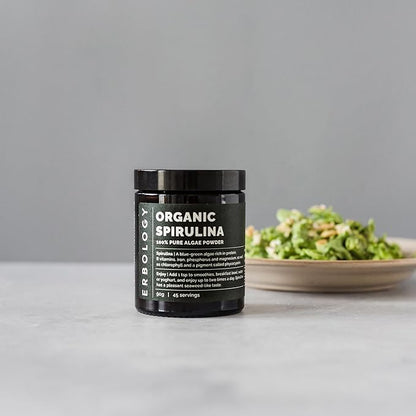 Erbology Organic Spirulina Powder 3.2 oz - 45 Servings - Sustainably Sourced in Portugal - Energy and Immunity Support - Rich in Chlorophyll, B Vitamins, Iron and Phosphorus - Vegan - GMO-Free