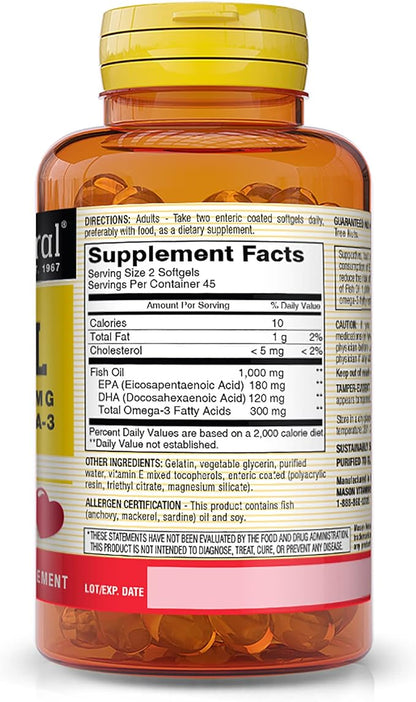 MASON NATURAL No Burp Fish Oil 1000 mg Omega-3 300 mg - Healthy Heart, Supports Circulatory Function, Improved Cardiovascular Health, 90 Softgels (Pack of 6)