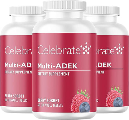 Celebrate Vitamins Multi ADEK Chewables, Iron Free - Daily Bariatric Multivitamin, High Level of Vitamins A, D, E, K & B12 for Duodenal Switch Surgery Patients - Berry Sorbert (180 Tablets)