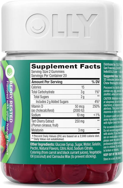 OLLY Muscle Recovery Sleep Gummies, Sleep and Sore Muscle Support, 3mg Melatonin, Tart Cherry, Vitamin D, Berry Flavor - 40 Count