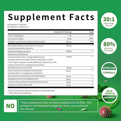 Liver Support Supplement with Milk Thistle Extract with Silymarin, Glutathione, Dandelion, Artichoke - Liver Cleanse Detox Repair, Antioxidant Support- 90 Capsules
