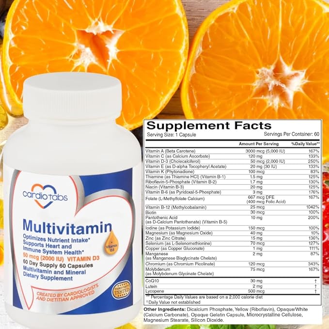 Multivitamin - Heart and Immunity Supplements for Men & Women, Multivitamin for Men & Women, with Minerals B-Vitamin Complex, Vitamins A, C, E, K and 2000 IU Vitamin D3, 60-Count Bottle