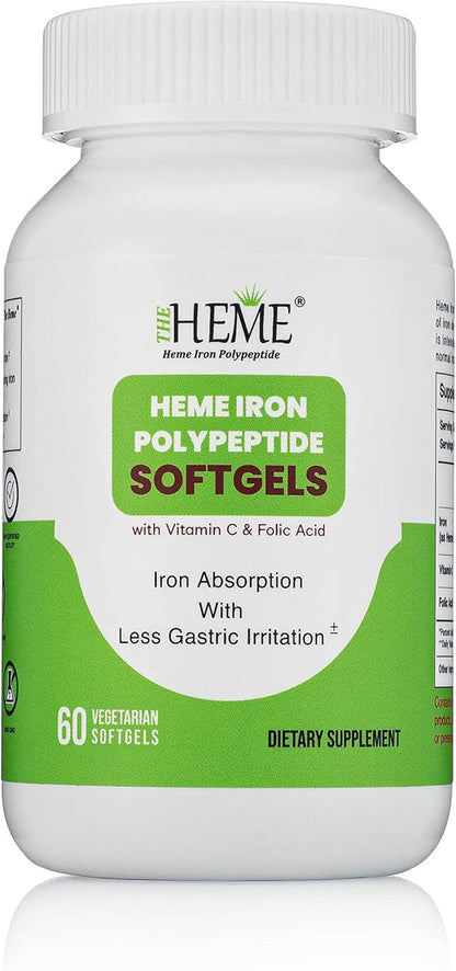 Heme Iron Polypeptide Softgels - with Vitamin C & Folic Acid - Gluten Free, Non-GMO - 60 Count