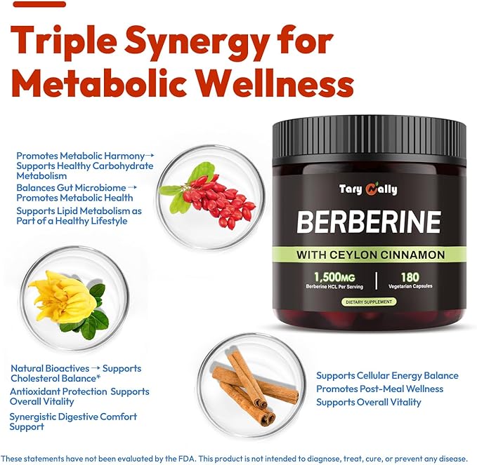 Liposomal Berberine GLP-1 Supplement - Berberine 1500mg with Ceylon Cinnamon - Enhanced Absorption Formula for Metabolic Support - 180 Capsules (90 Days Supply)
