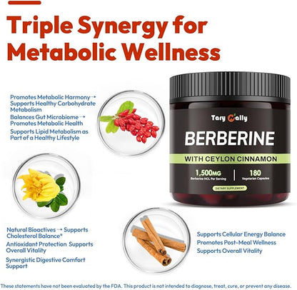 Liposomal Berberine GLP-1 Supplement - Berberine 1500mg with Ceylon Cinnamon - Enhanced Absorption Formula for Metabolic Support - 180 Capsules (90 Days Supply)
