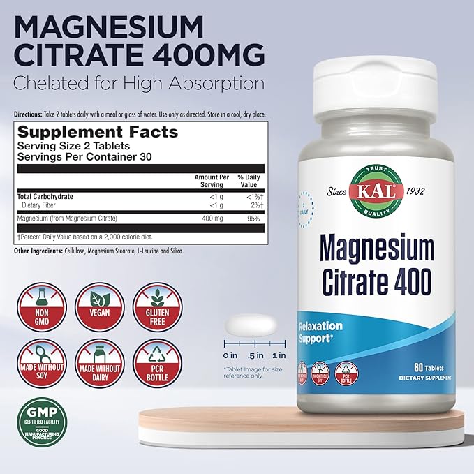 KAL Magnesium Citrate 400mg, Magnesium Supplement for Healthy Muscle Function, Relaxation, Nerve and Circulation Support, Rapid Disintegration ActivTabs, Vegan, Gluten Free, 30 Servings, 60 Tablets