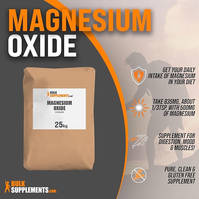BulkSupplements.com Magnesium Oxide Powder - Magnesium Supplement, Magnesium Oxide Supplement, Magnesium Oxide 500mg - Gluten Free, 835mg (500mg of Magnesium) per Serving, 25kg (55 lbs)