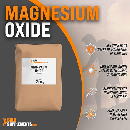 BulkSupplements.com Magnesium Oxide Powder - Magnesium Supplement, Magnesium Oxide Supplement, Magnesium Oxide 500mg - Gluten Free, 835mg (500mg of Magnesium) per Serving, 25kg (55 lbs)