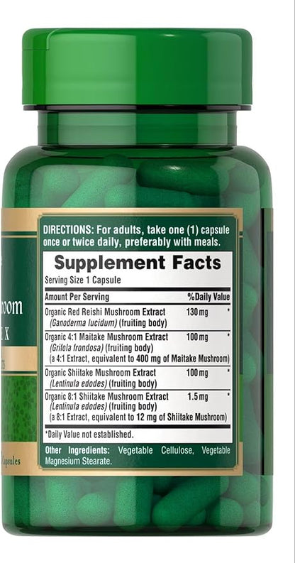 Puritan's Pride Triple Mushroom Complex, Reishi, Maitake & Shiitake Extracts, Organic Mushroom Extracts, 60 Vegetarian Capsules 2-Pack - 120 Capsules