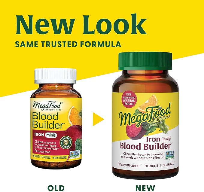 MegaFood Blood Builder Minis, Iron Supplement Clinically Shown to Increase Iron Levels Without Side Effects - Vegan Supplement with Vitamin C, Vitamin B12 & Folic Acid, 72 Tablets (36 Servings)