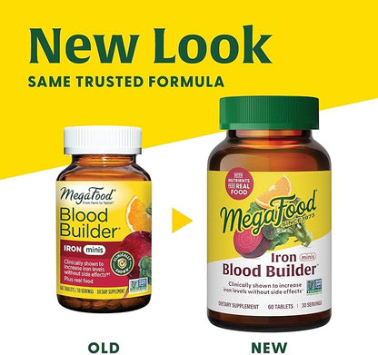 MegaFood Blood Builder Minis, Iron Supplement Clinically Shown to Increase Iron Levels Without Side Effects - Vegan Supplement with Vitamin C, Vitamin B12 & Folic Acid, 72 Tablets (36 Servings)