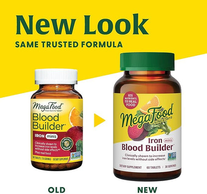 MegaFood Blood Builder Minis, Iron Supplement Clinically Shown to Increase Iron Levels Without Side Effects - Vegan Supplement with Vitamin C, Vitamin B12 & Folic Acid, 60 Tablets (30 Servings)