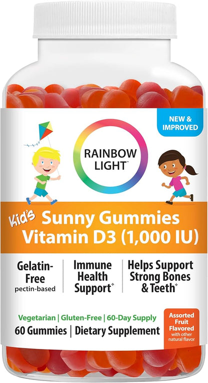 Rainbow Light Kid's Sunny Gummies Vitamin D3 1000 IU Gummy Supplement, Assorted Fruit Flavor, 60 Count, 1 Bottle