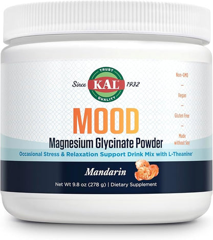 KAL Mood Magnesium Powder with L-Theanine - Mandarin Flavor Magnesium Supplement - Relaxation Support, High Absorption, No Added Sugar, Vegan, Gluten Free, Made Without Soy - 40 Servings, 9.8 oz