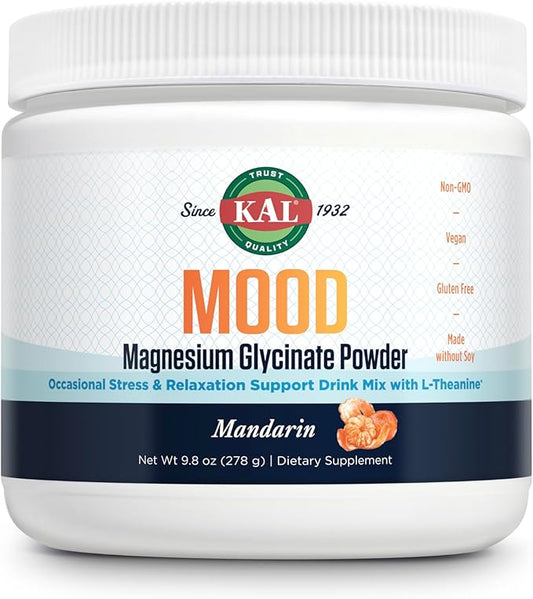 KAL Mood Magnesium Powder with L-Theanine - Mandarin Flavor Magnesium Supplement - Relaxation Support, High Absorption, No Added Sugar, Vegan, Gluten Free, Made Without Soy - 40 Servings, 9.8 oz