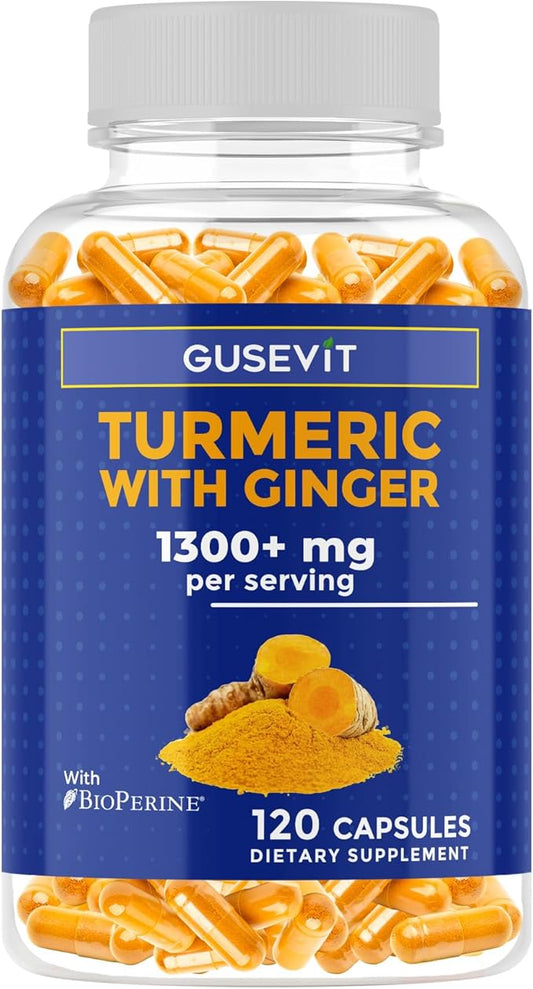 Turmeric + Ginger Extract + BioPerine for Best Absorption (Black Pepper Extract), 1,300+ mg per Serving, Turmeric 95% Curcuminoids, 120 Capsules, 60 Days Supply, GMP Facility
