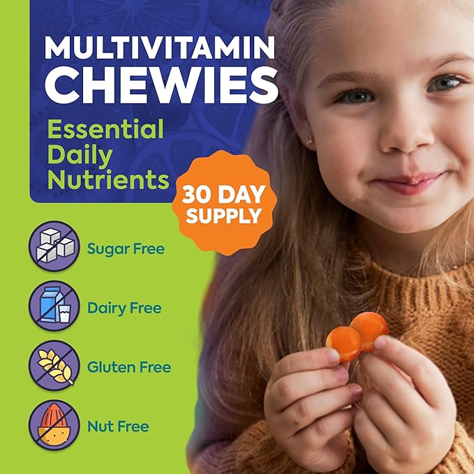 OmegaVia Sugar Free Kids Multivitamin Chewies - Daily Chewable Gummy Vitamins for Kids 3+, Vitamin A, C, D3, E, B6 & B12, Folate & More, Natural Orange Flavor, 30 Count