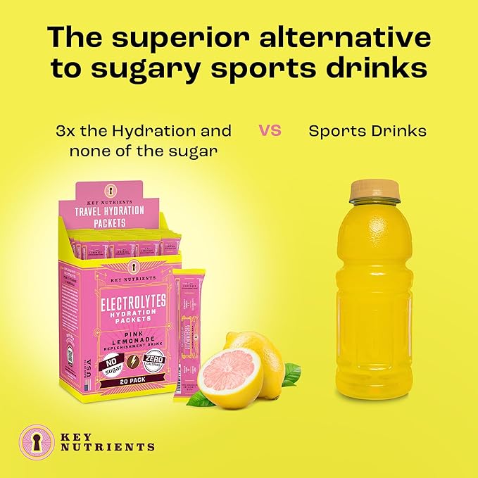 KEY NUTRIENTS Electrolytes Powder Packets - Fresh Pink Lemonade 20 Pack Hydration Packets - Travel Hydration Powder - Made in USA - No Sugar, No Calories, Gluten Free