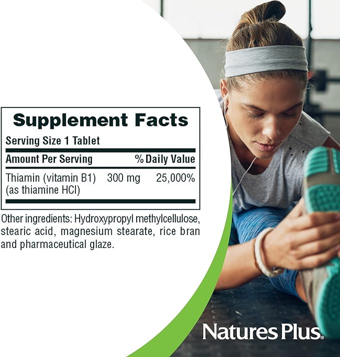 Natures Plus Vitamin B1 (Thiamin HCI), Sustained Release - 300 mg, 90 Vegetarian Tablets - Gluten-Free - 90 Servings