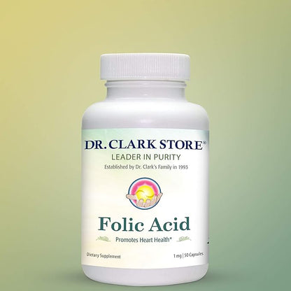 Dr. Clark Folic Acid (Vitamin B9) Supplement – 1mg, 50 Gelatin Capsules, Supports Healthy Pregnancy & Cell Growth