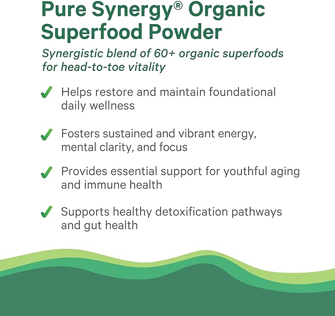 PURE SYNERGY Organic Superfood Powder | Green Superfood Powder | Whole Food Supplement with Organic Greens, Spirulina and Mushrooms | for Energy, Healthy Aging, and Immune Health (12.5 oz)