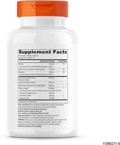 Doctor's Best Glucosamine Chondroitin MSM + Hyaluronic Acid with OptiMSM Featuring Biocell Collagen, Joint Support, Non-GMO, Gluten & Soy Free, 150 Caps
