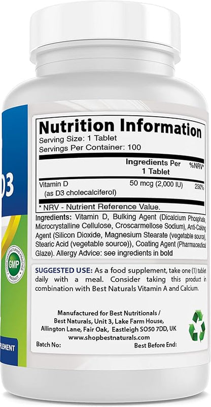 Best Naturals Vitamin D3 2000 IU (50 mcg) - 100 Tablets - 100 Days Supply - Helps Support Immune Health, Strong Bones and Teeth, & Muscle Function (100 Count (Pack of 1))