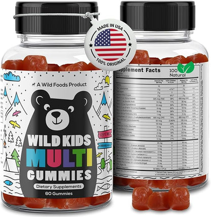 Wild Foods Kids Multivitamin Gummies – Natural Skin, Immune & Bones Support with Kids Vitamins A, C, D, E, B12, Iron & DHA – Probiotics & multivitamin for Growth – 60 Flavored Gummies