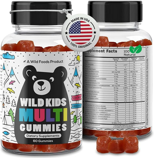 Wild Foods Kids Multivitamin Gummies – Natural Skin, Immune & Bones Support with Kids Vitamins A, C, D, E, B12, Iron & DHA – Probiotics & multivitamin for Growth – 60 Flavored Gummies